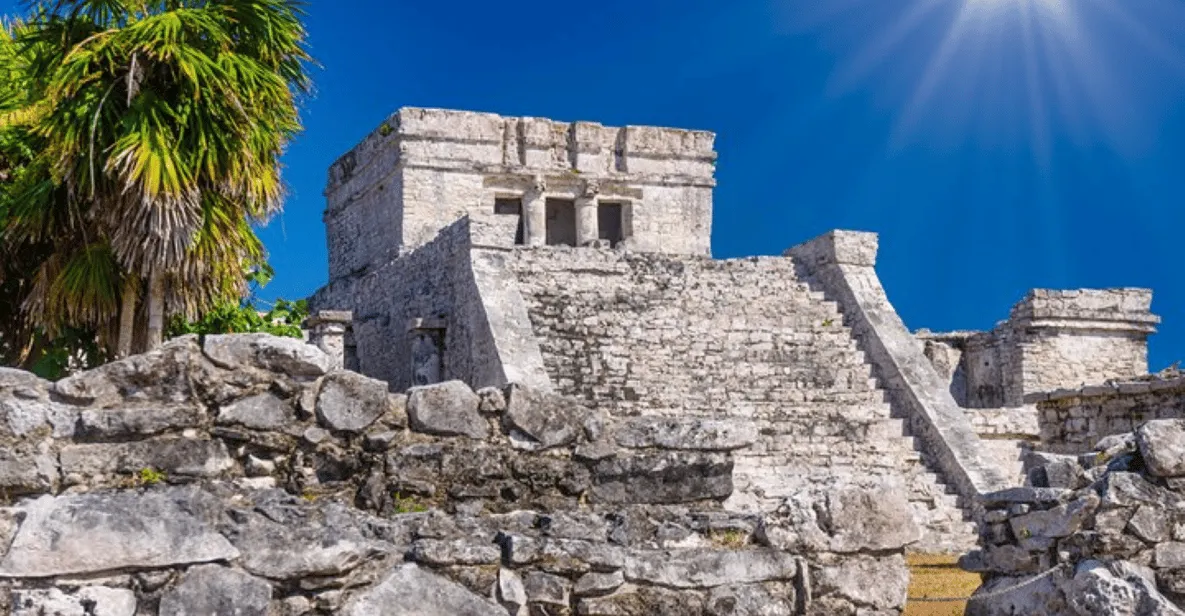 El Castillo at the Tulum ruins under a blue sky